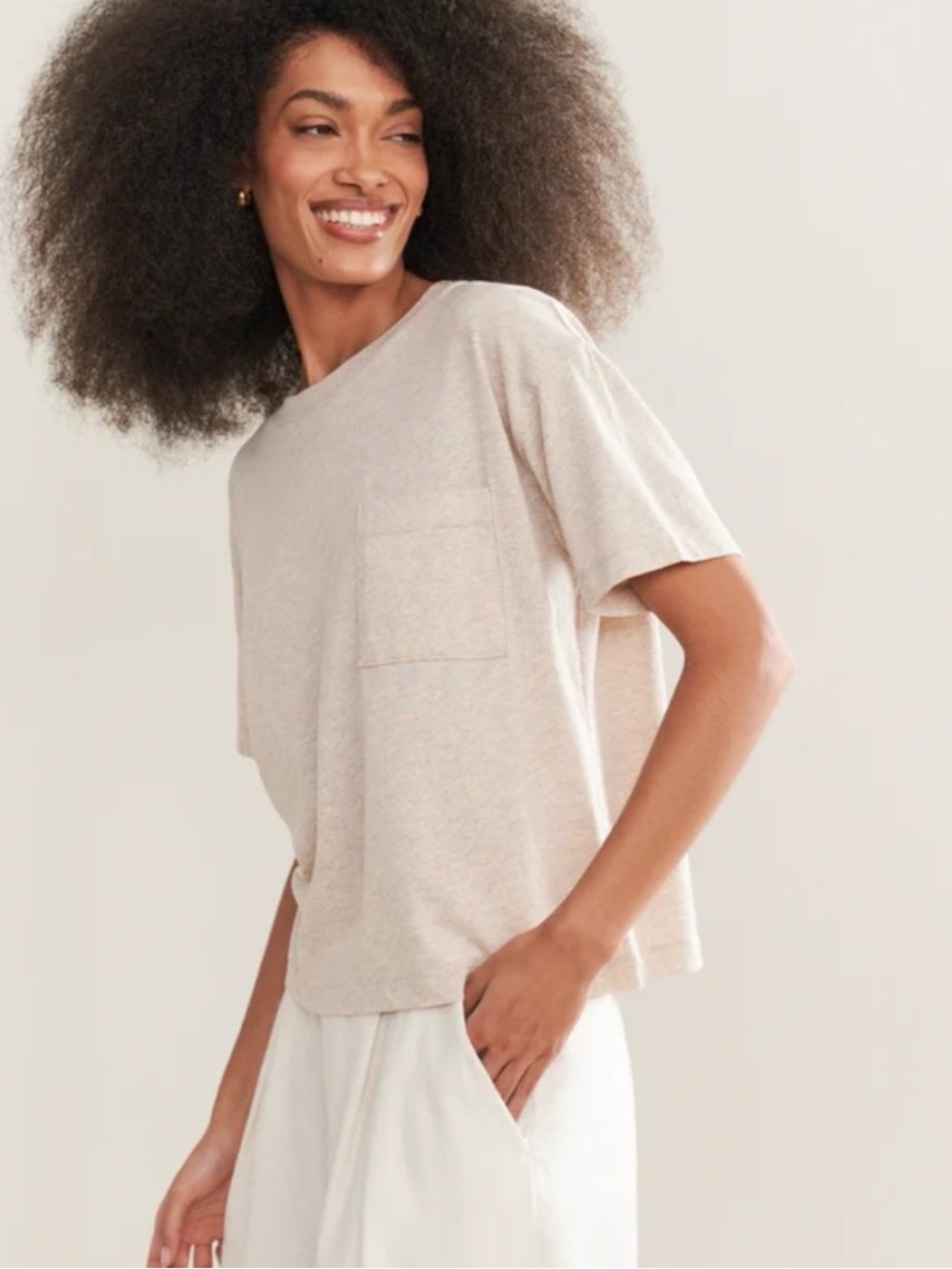 Jenni Kayne T-Shirt S Cotton Blend SS Pocket Beige Capsule Basic Modern Relaxed